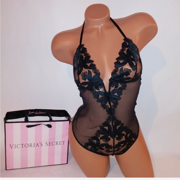 Victoria Secret Lingerie Teddy One Piece Bodysuit Black Embroidered Floral Sheer - Picture 1 of 4